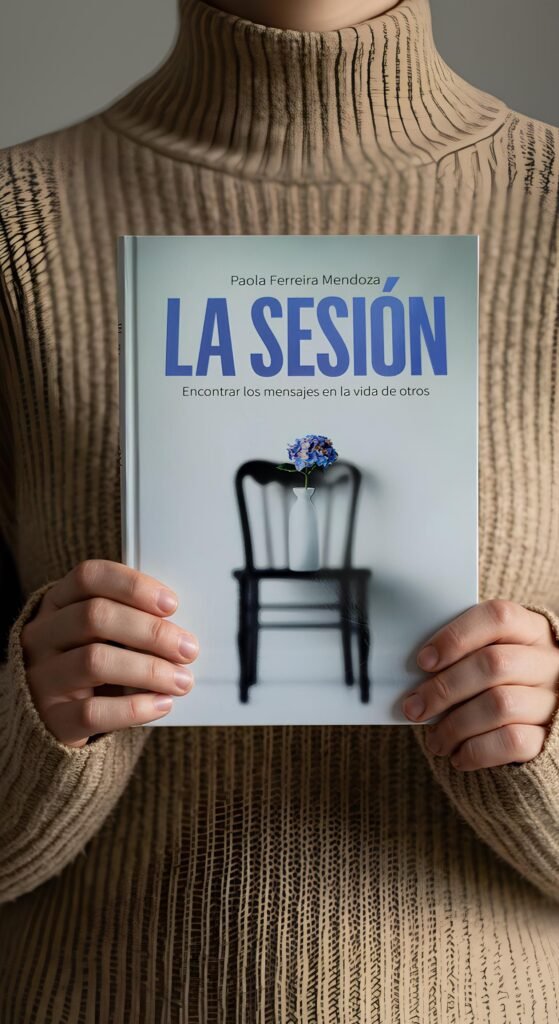 Pessoa segurando livro La Sesión nas mãos.