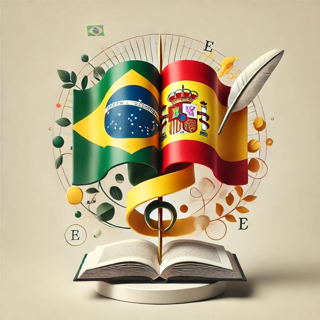 Bandeira do brasil y da Espanha enlaçadas encima de um livro. Siimbolizando a trudução entre espanhol e português.