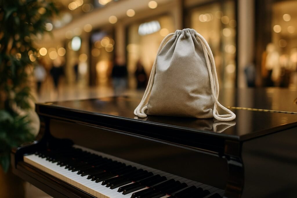 Mochila de pano sobre piano em shopping. Representa uma lição sobre como o preconceito não é tão ruim quanto parece.