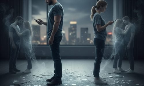 Casal de costas, olhando para os celulares com indiferença, enquanto o amor (representado por um objeto quebrado) se desfaz entre eles, ilustrando a dor da infidelidade e a morte da relação.